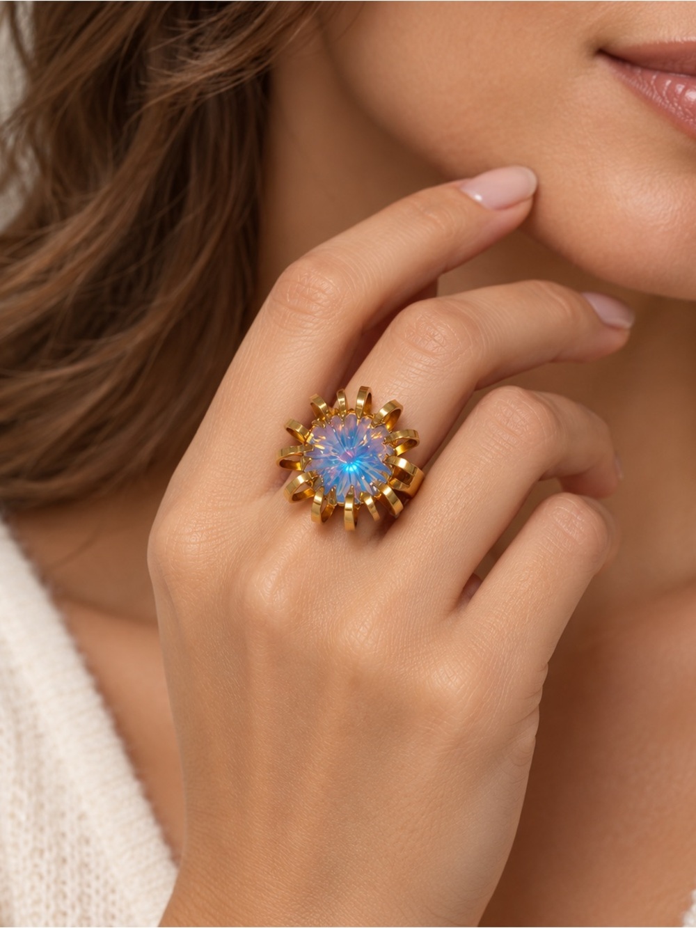 Sarah Coventry Stamped Iridescent Opal Adjustable Statement Ring